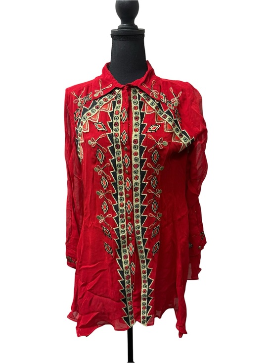Vintage Collection Tops - Vintage Collection Red Embroidered Boho Sheer Tunic Blouse Medium Size